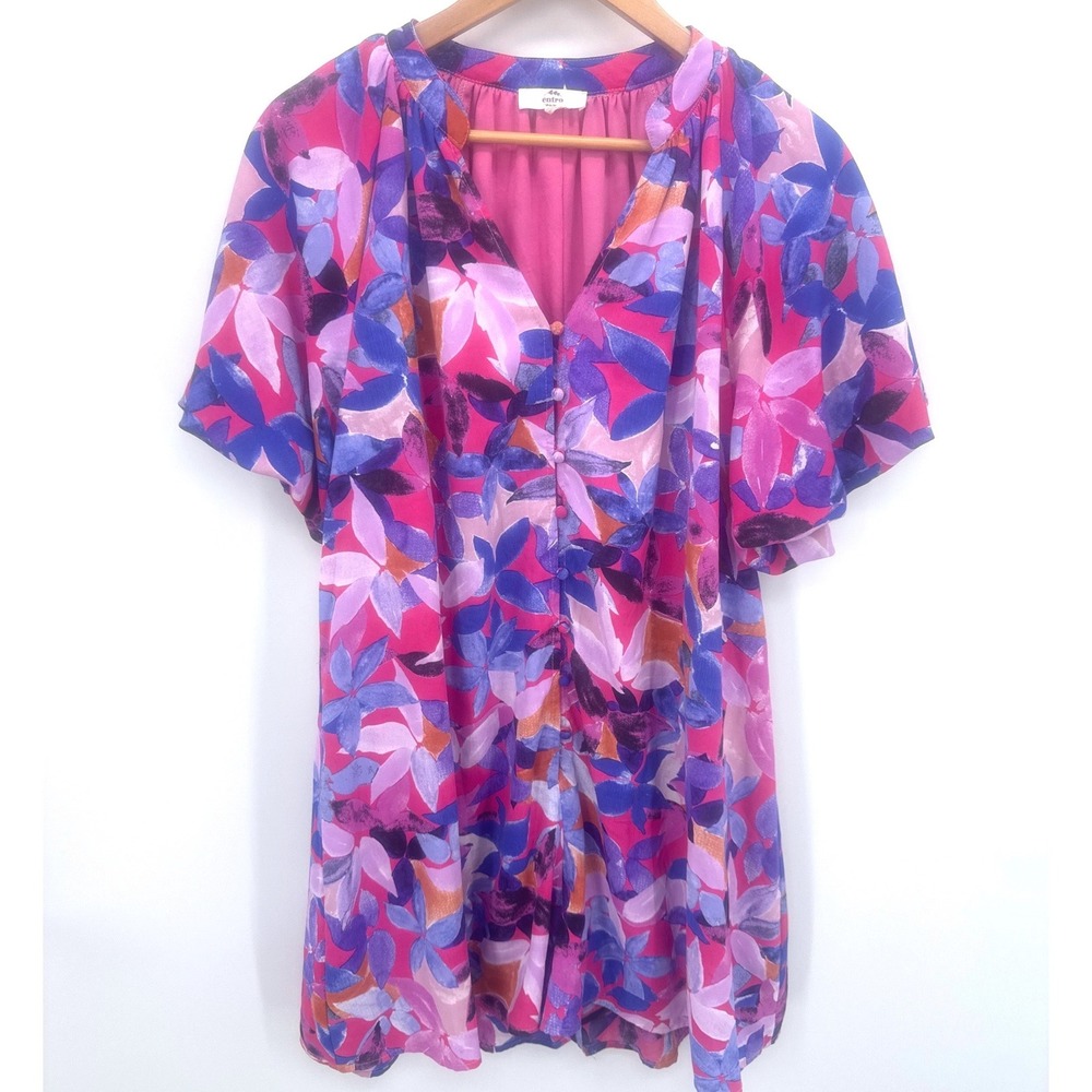 Entro Pink Purple Floral Button Front V-Neck Flutter Sleeve Shorts Romper Large‎